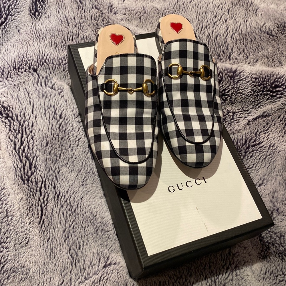 Gucci Princetown Gingham Mule In Black and White